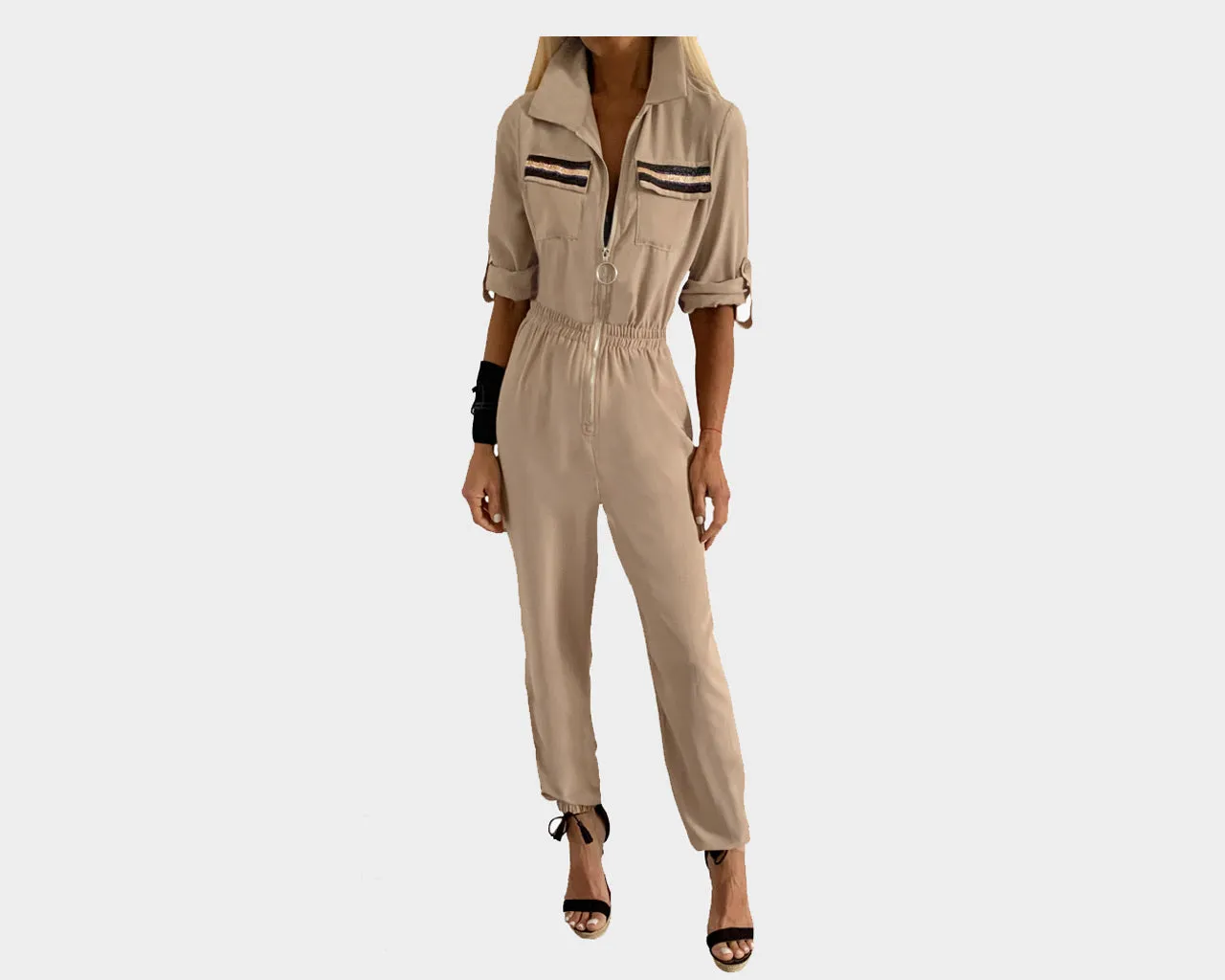 89 Taupe Golden Black & Mauve Pockets Jumpsuit - The Monte Carlo