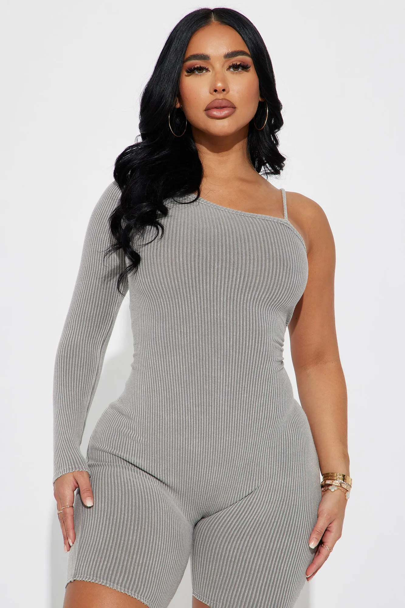 Ada Mineral Wash Rib Romper - Grey