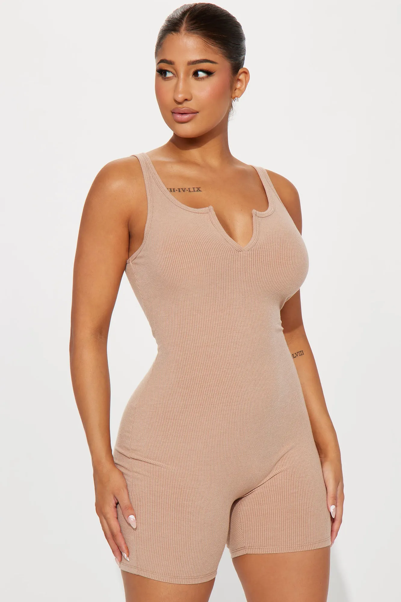 Arianna Ribbed Romper - Taupe