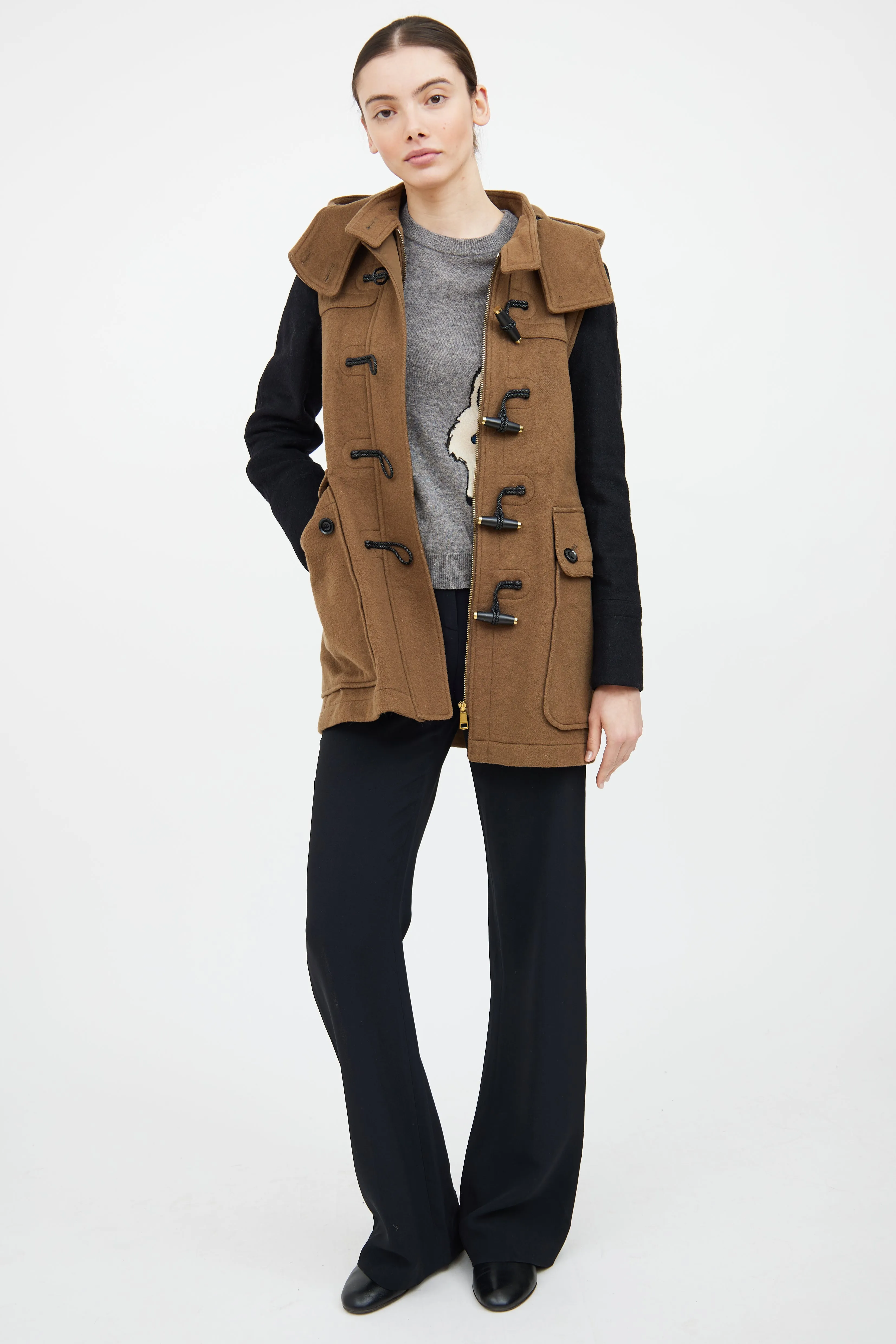 Beige & Black Wool Duffle Coat