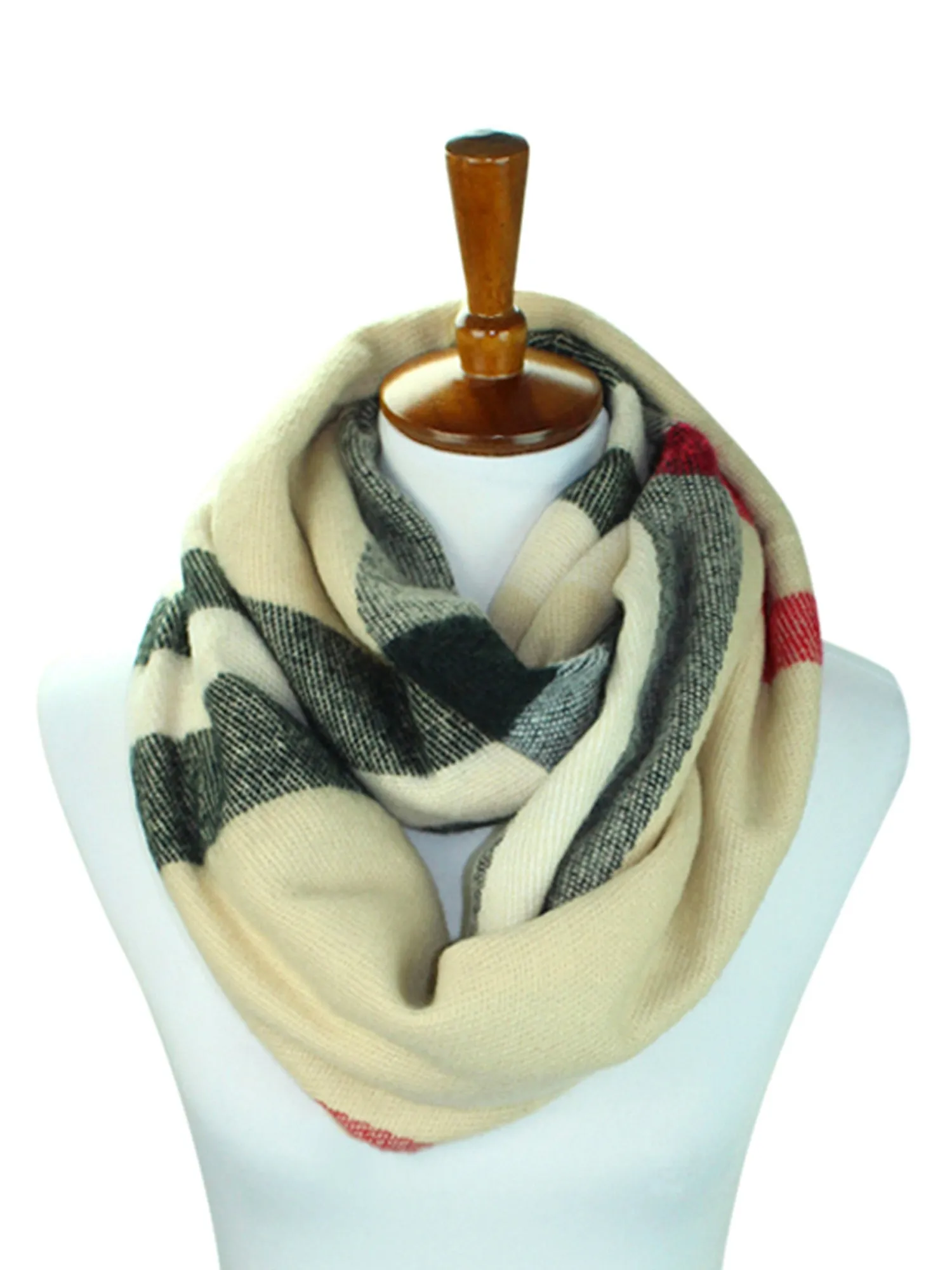 Beige Black Burgundy Plaid Infinity Scarf