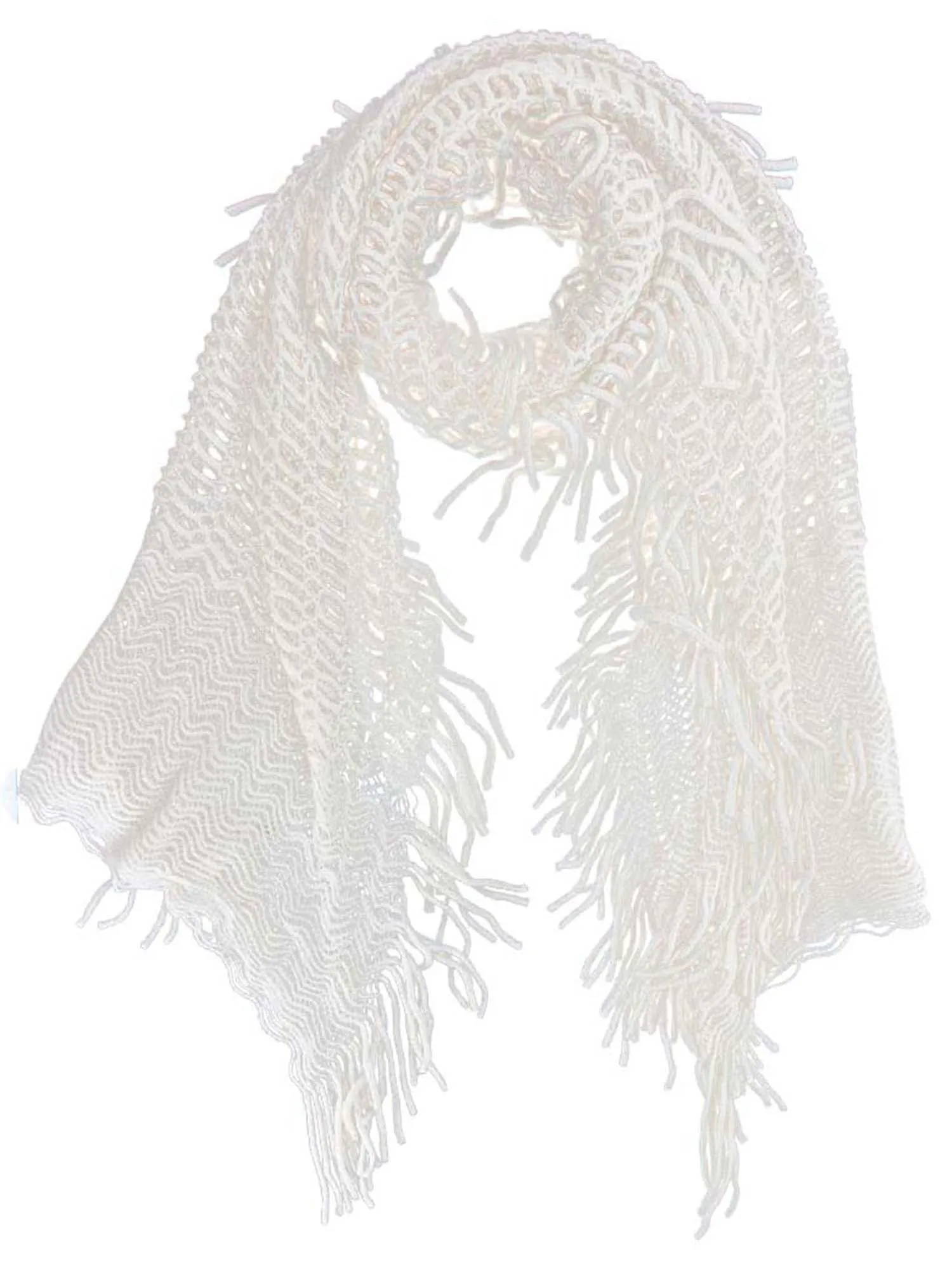 Beige Wispy Knit Winter Scarf With Fringe