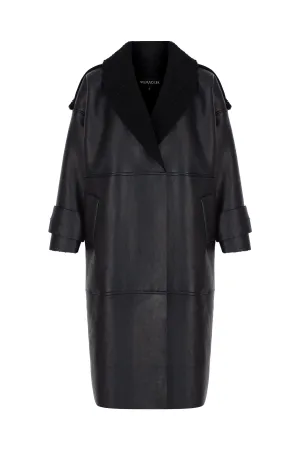 BLACK VEGAN LEATHER TEDDY DETAILED LONG COAT