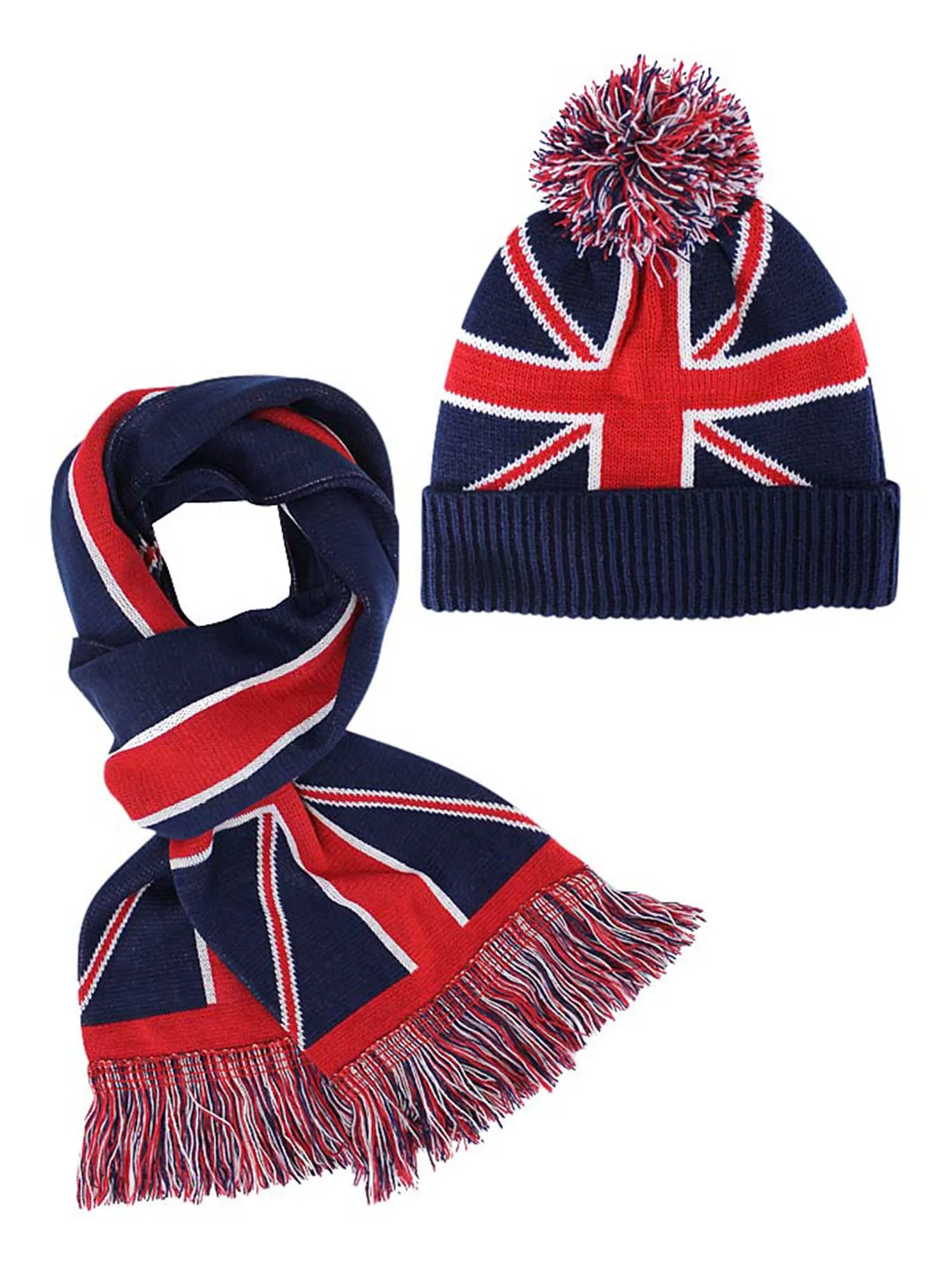 British Flag Ribbed Knit Beanie Hat & Scarf Unisex Matching Set