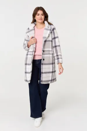 Checked Teddy Fur Thigh Length Jacket