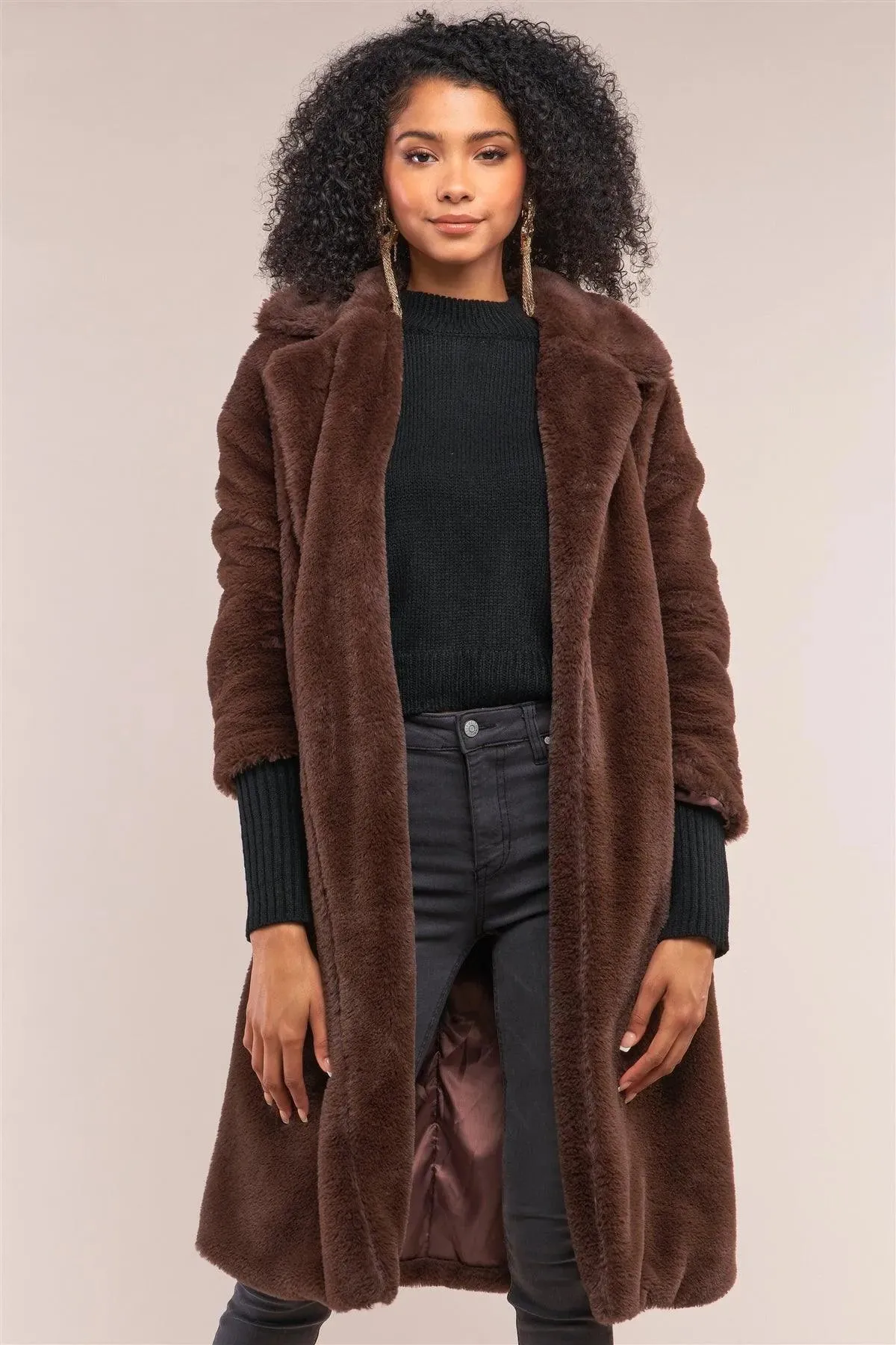 Coffee Brown Long Sleeve Open Front Faux Fur Trench Coat /2-1-2