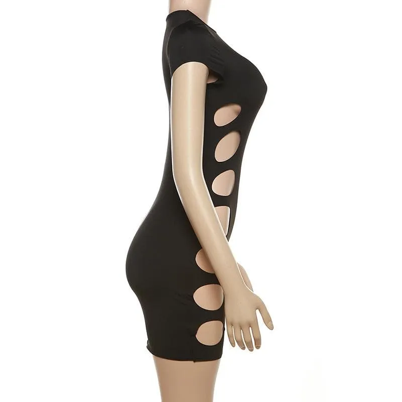 Crewneck cap sleeve hollow out solid cut out mini dress