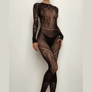 Crewneck fishnet long sleeve hollow out solid see through jumpsuit