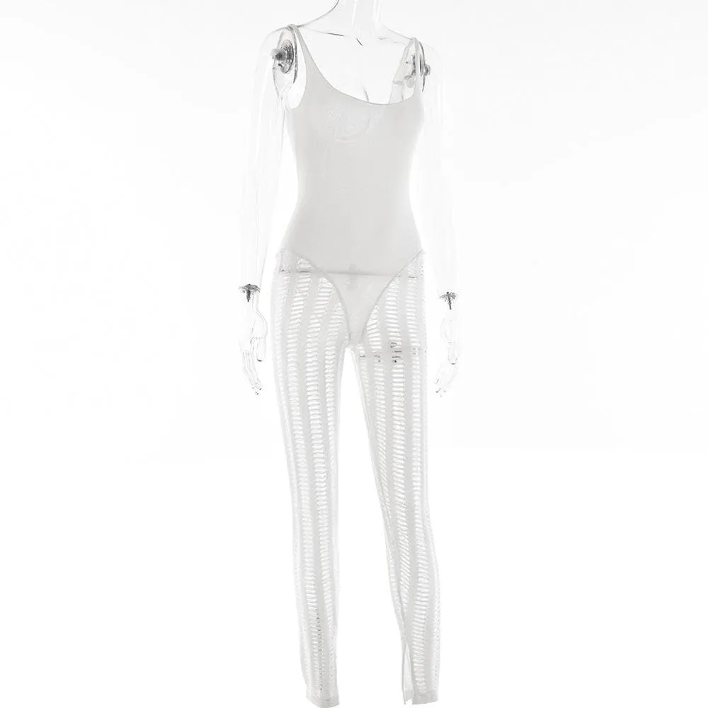 Crochet solid sleeveless hollow out backless low cut jumpsuit - Final Sale