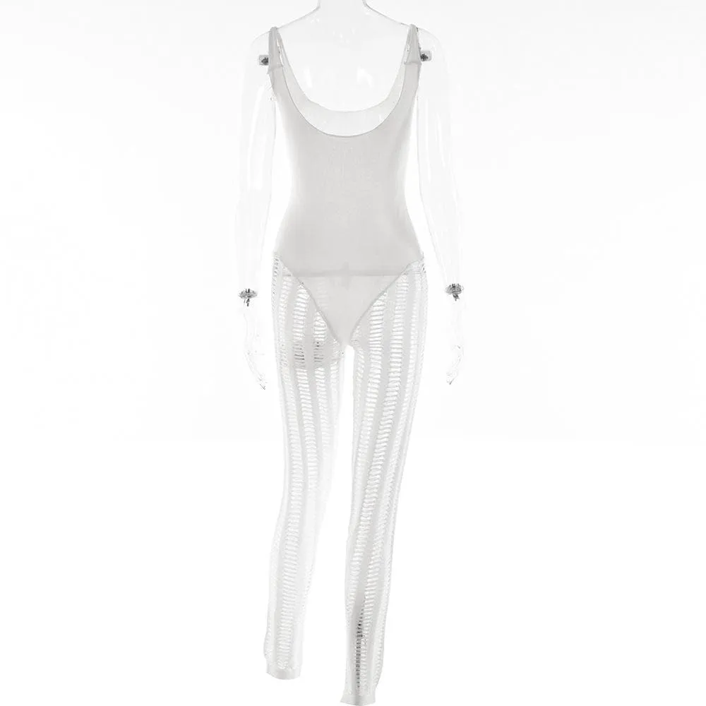 Crochet solid sleeveless hollow out backless low cut jumpsuit - Final Sale