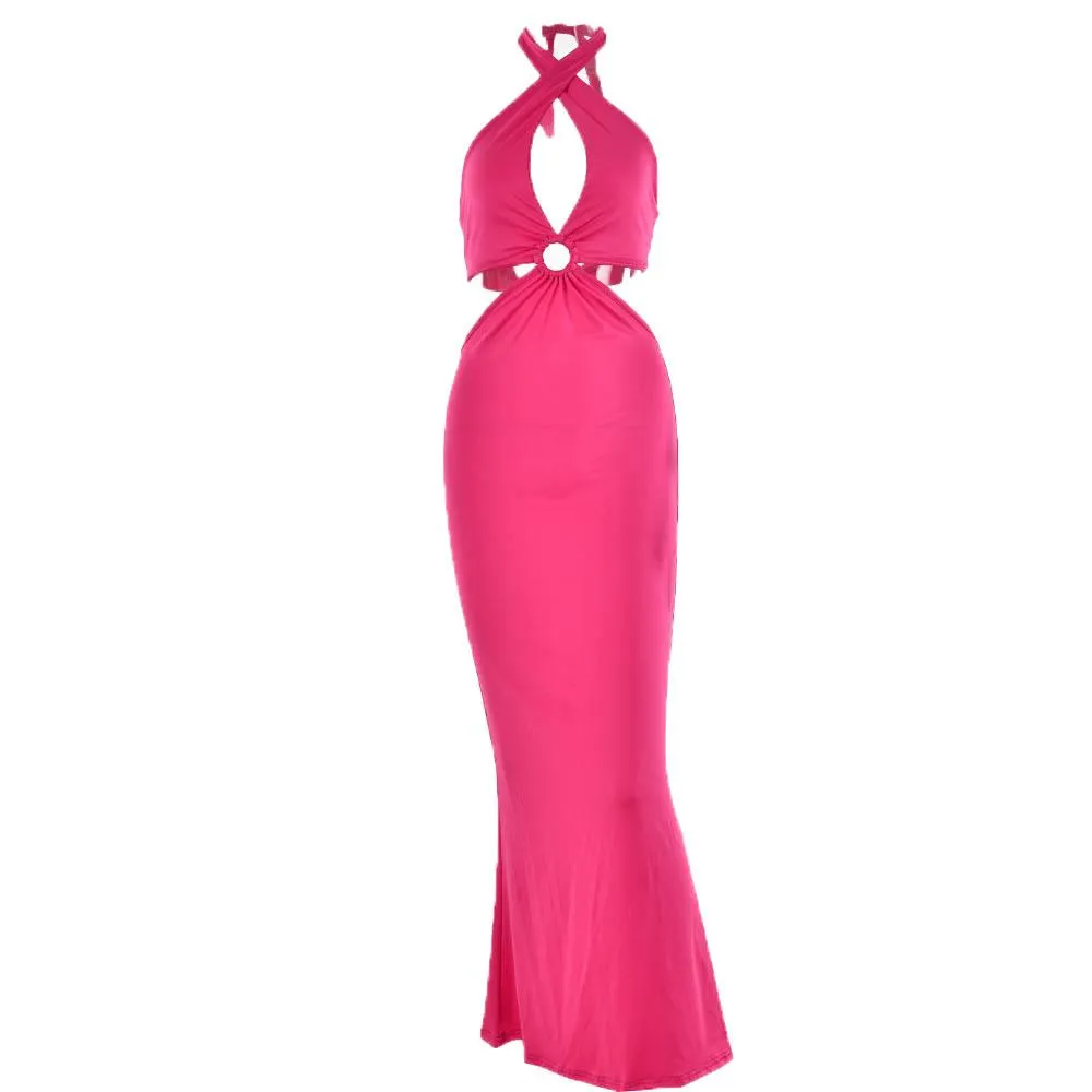 Cross front solid halter o ring backless self tie maxi dress