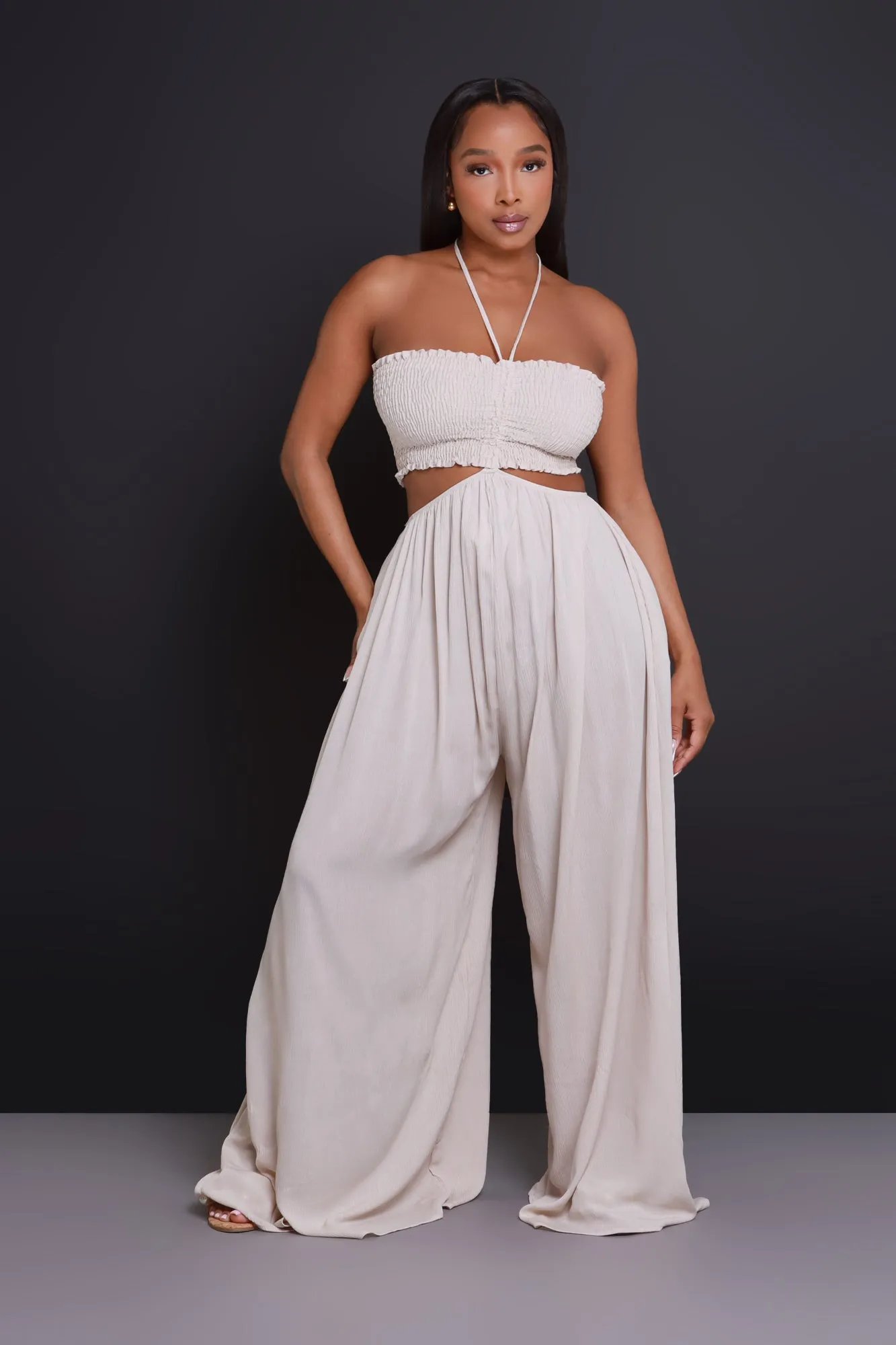 Dream Come True Halter Wide Leg Jumpsuit - Taupe