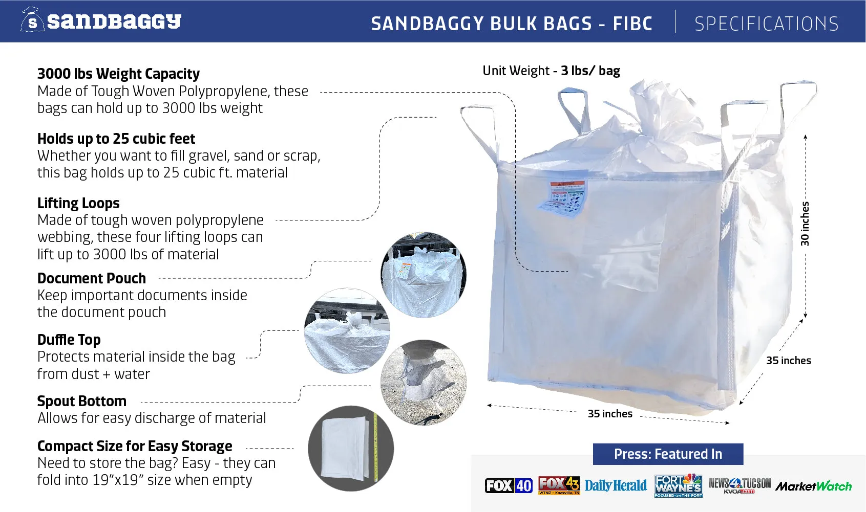 FIBC Bulk Bags - 3000 lb Capacity - 25 Cu Ft - 35" x 35" x 30"