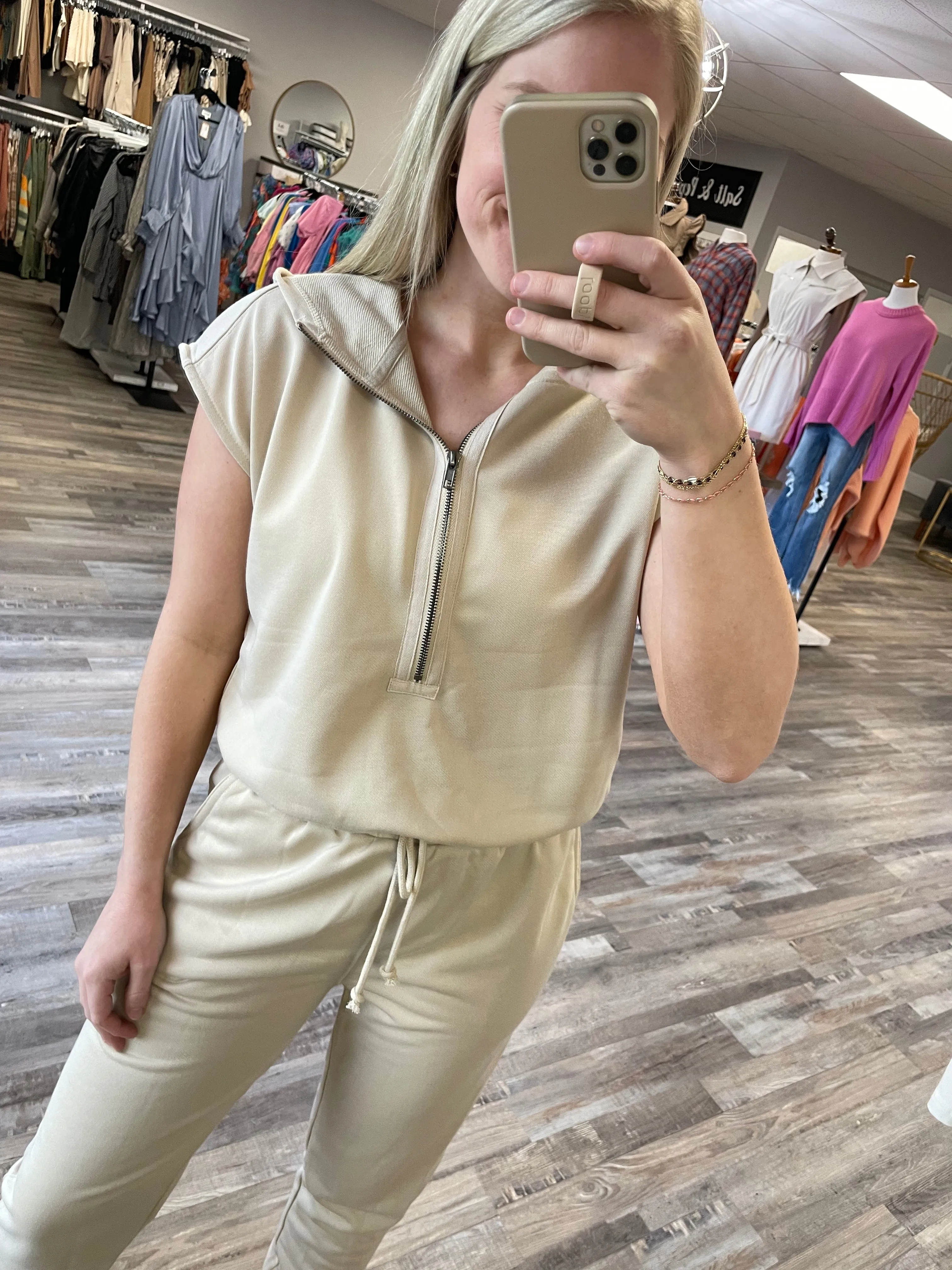 French Terry Hooded Jumpsuit - Taupe