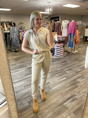 French Terry Hooded Jumpsuit - Taupe