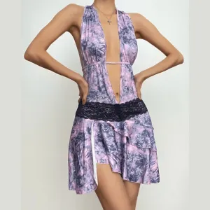 Halter ruched deep V neck backless ruffle lace hem tie dye mini dress