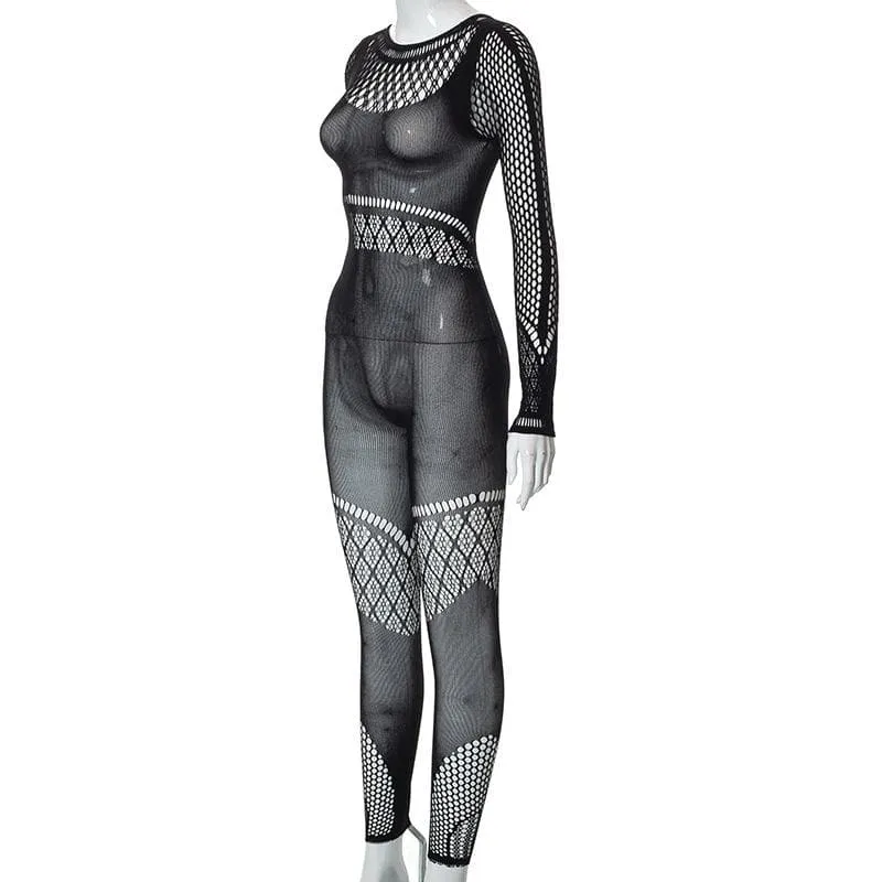 Hollow out solid fishnet long sleeve jumpsuit