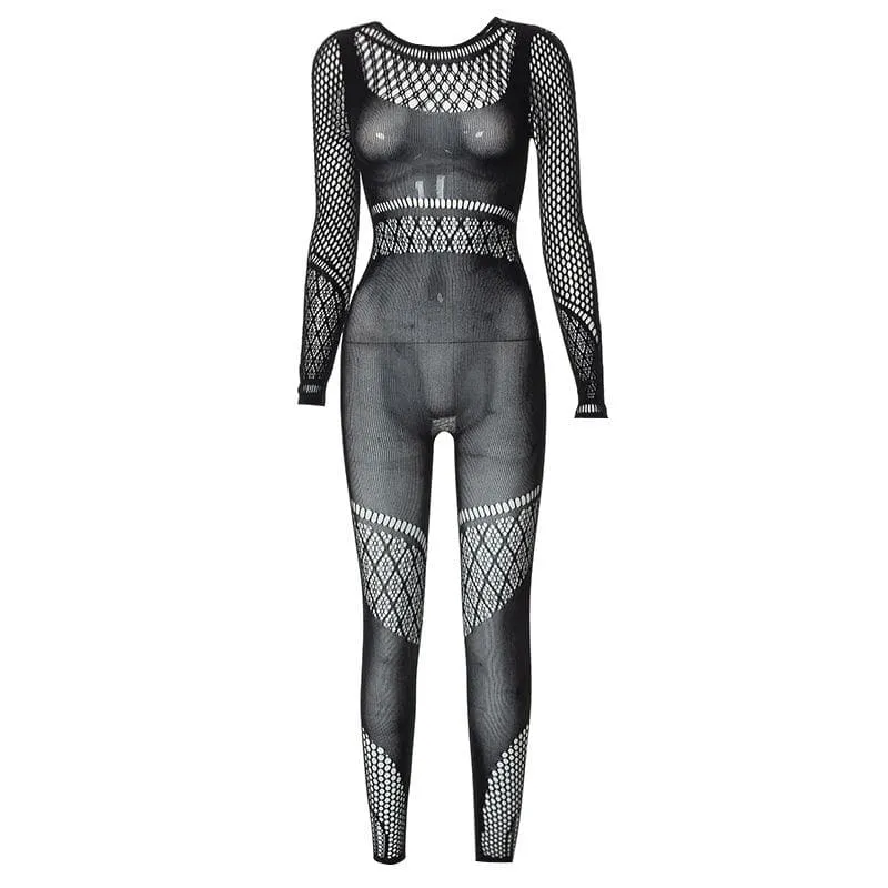 Hollow out solid fishnet long sleeve jumpsuit