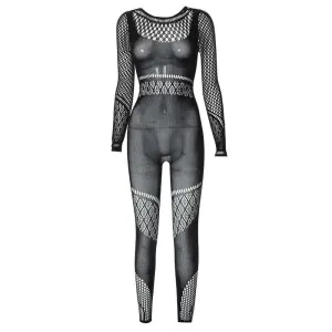 Hollow out solid fishnet long sleeve jumpsuit