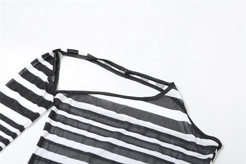 Irregular sheer mesh see through one shoulder striped mini dress