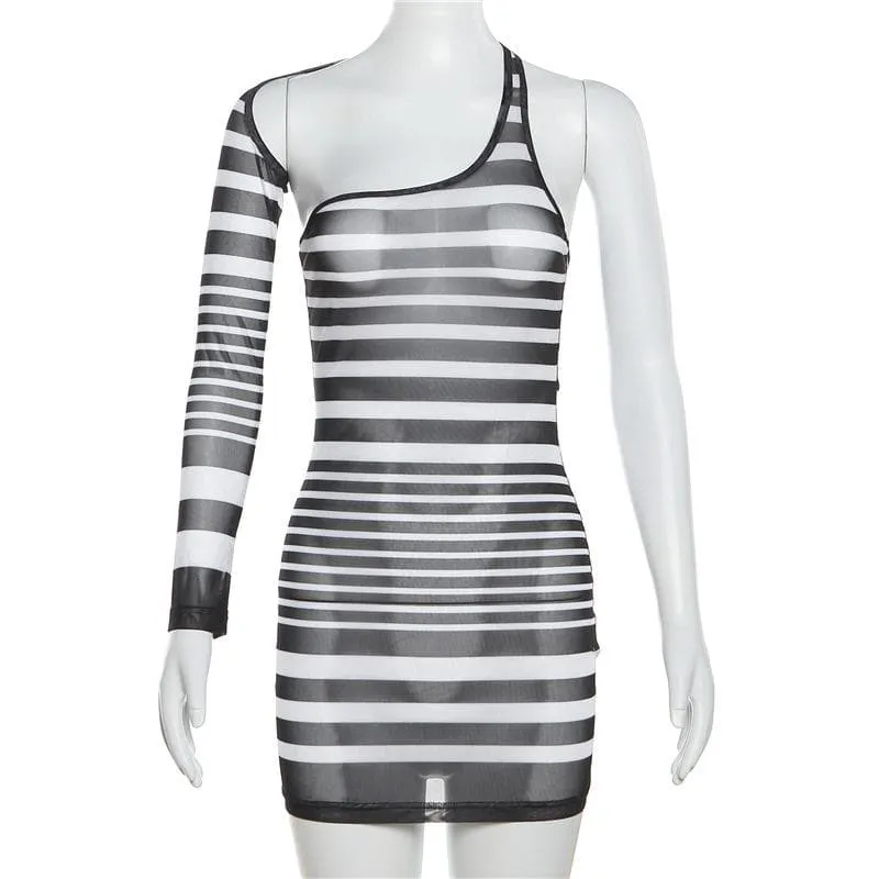 Irregular sheer mesh see through one shoulder striped mini dress