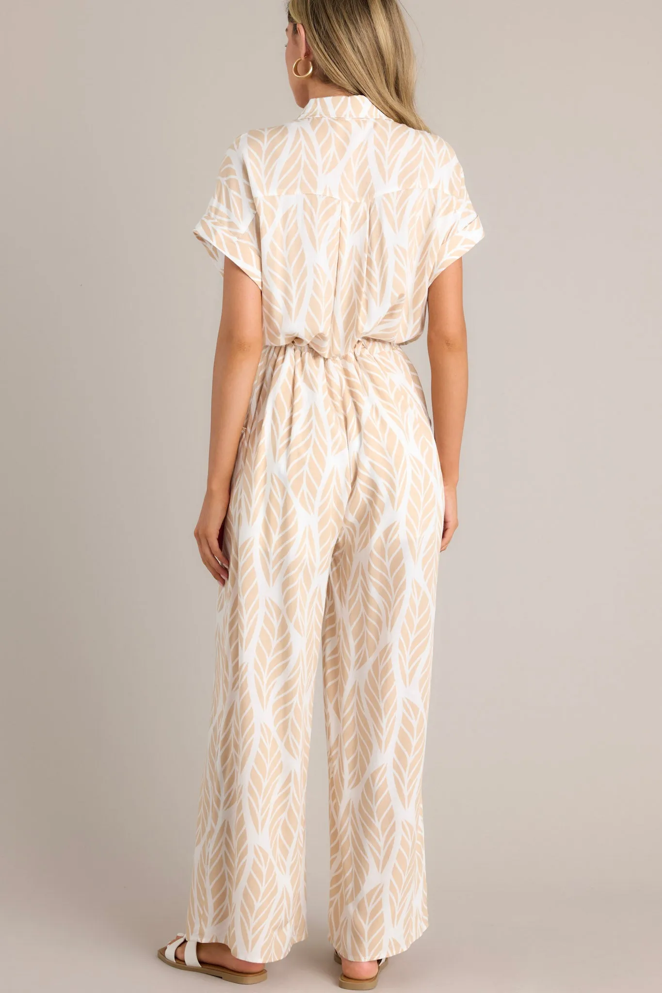 Jungle Jive Beige Tropical Print Collared Jumpsuit