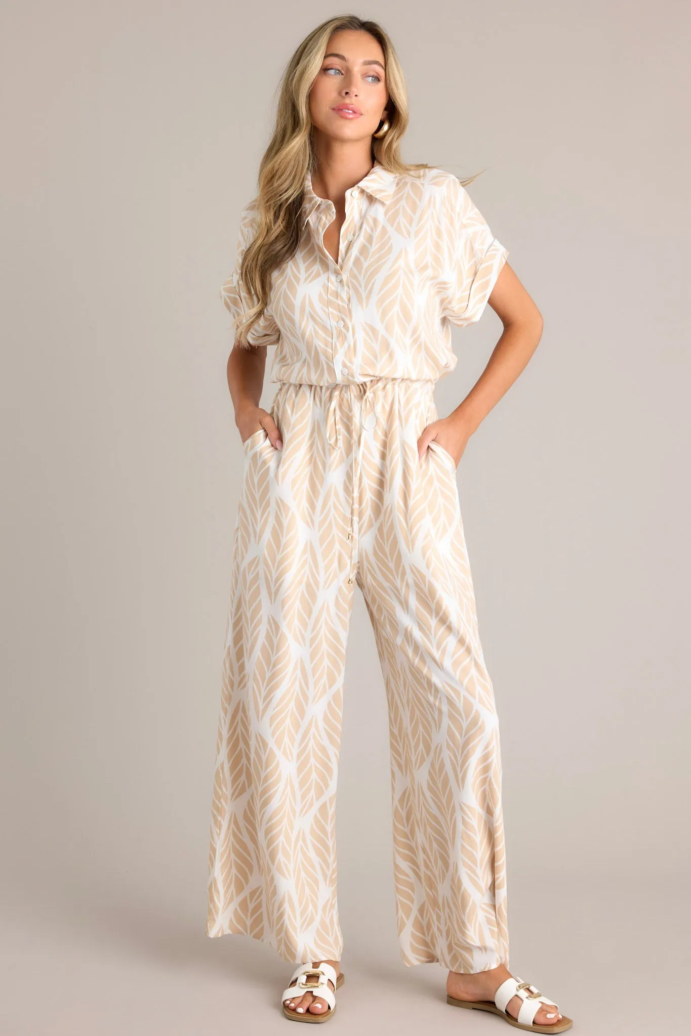 Jungle Jive Beige Tropical Print Collared Jumpsuit