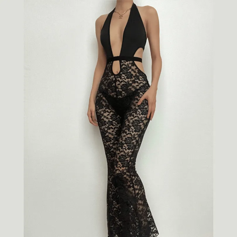 Lace see through halter backless low cut patchwork jumpsuit