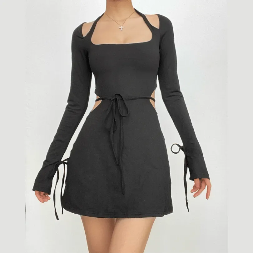 Long flared sleeve halter square neck hollow out cut out mini dress