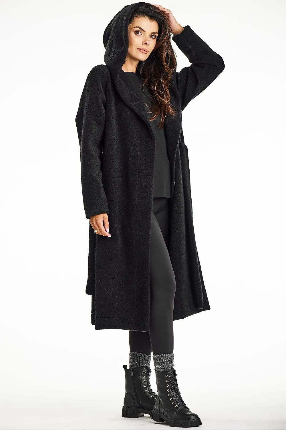 Long Hooded Coat with Button Closure