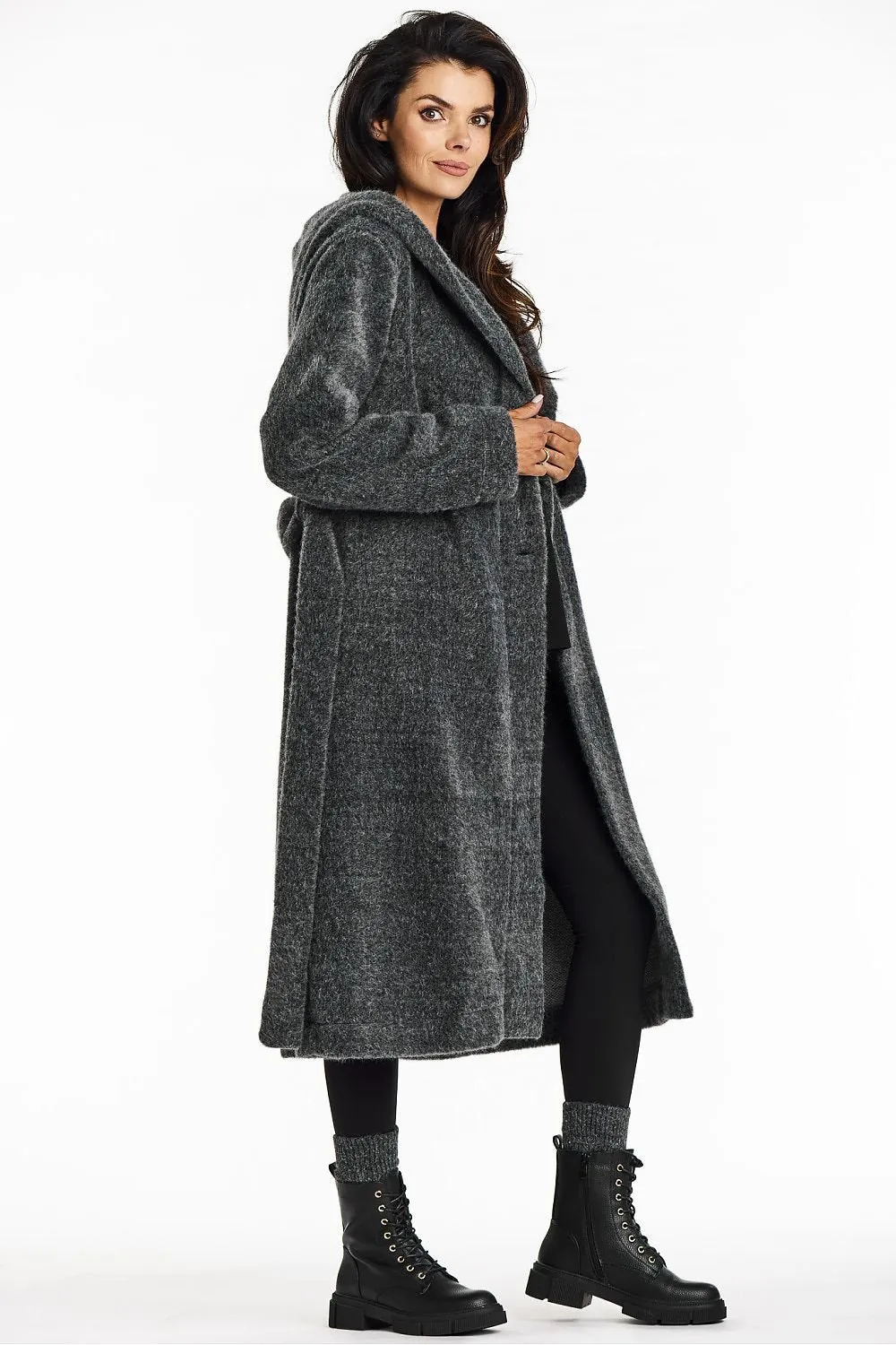 Long Hooded Coat with Button Closure