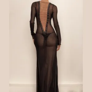 Long sleeve lace up sheer mesh see through maxi dress