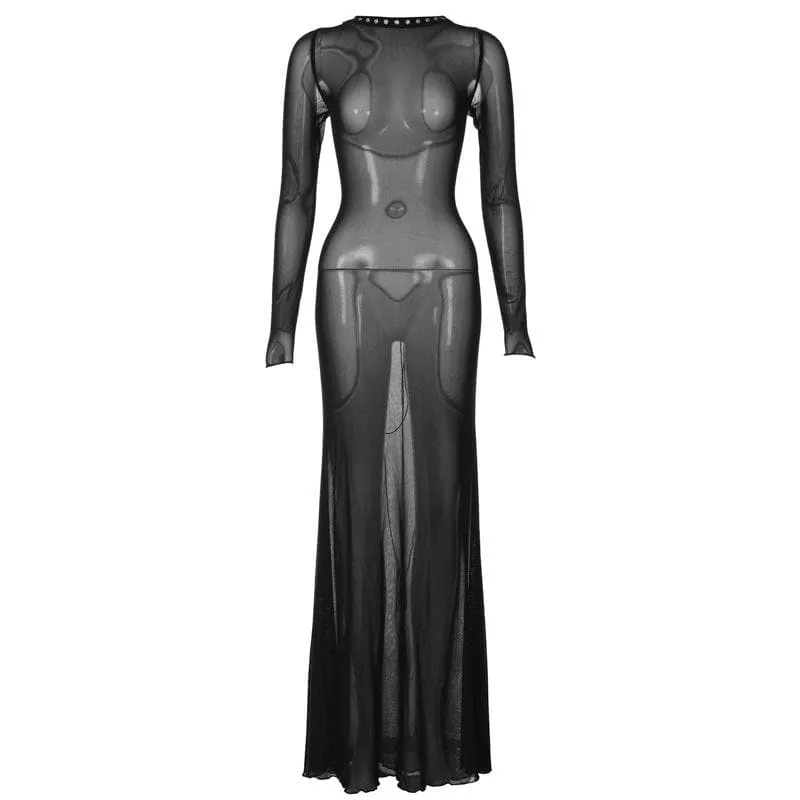 Long sleeve lace up sheer mesh see through maxi dress