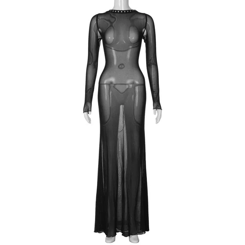 Long sleeve lace up sheer mesh see through maxi dress