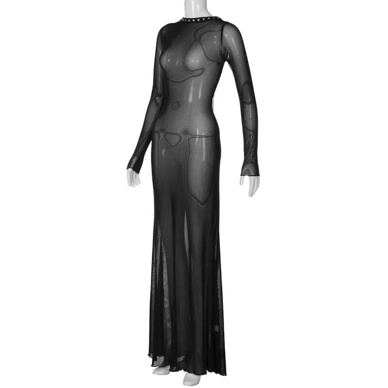 Long sleeve lace up sheer mesh see through maxi dress