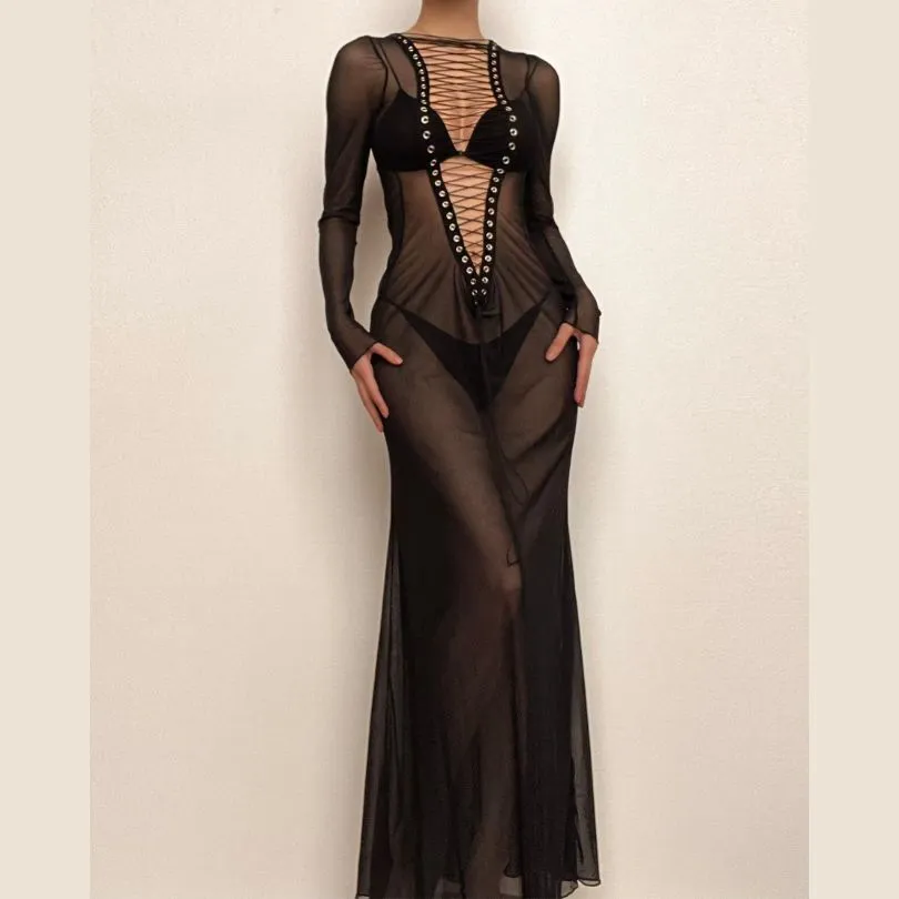 Long sleeve lace up sheer mesh see through maxi dress