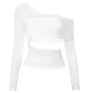 Long sleeve one shoulder hollow out solid irregular backless cut out top