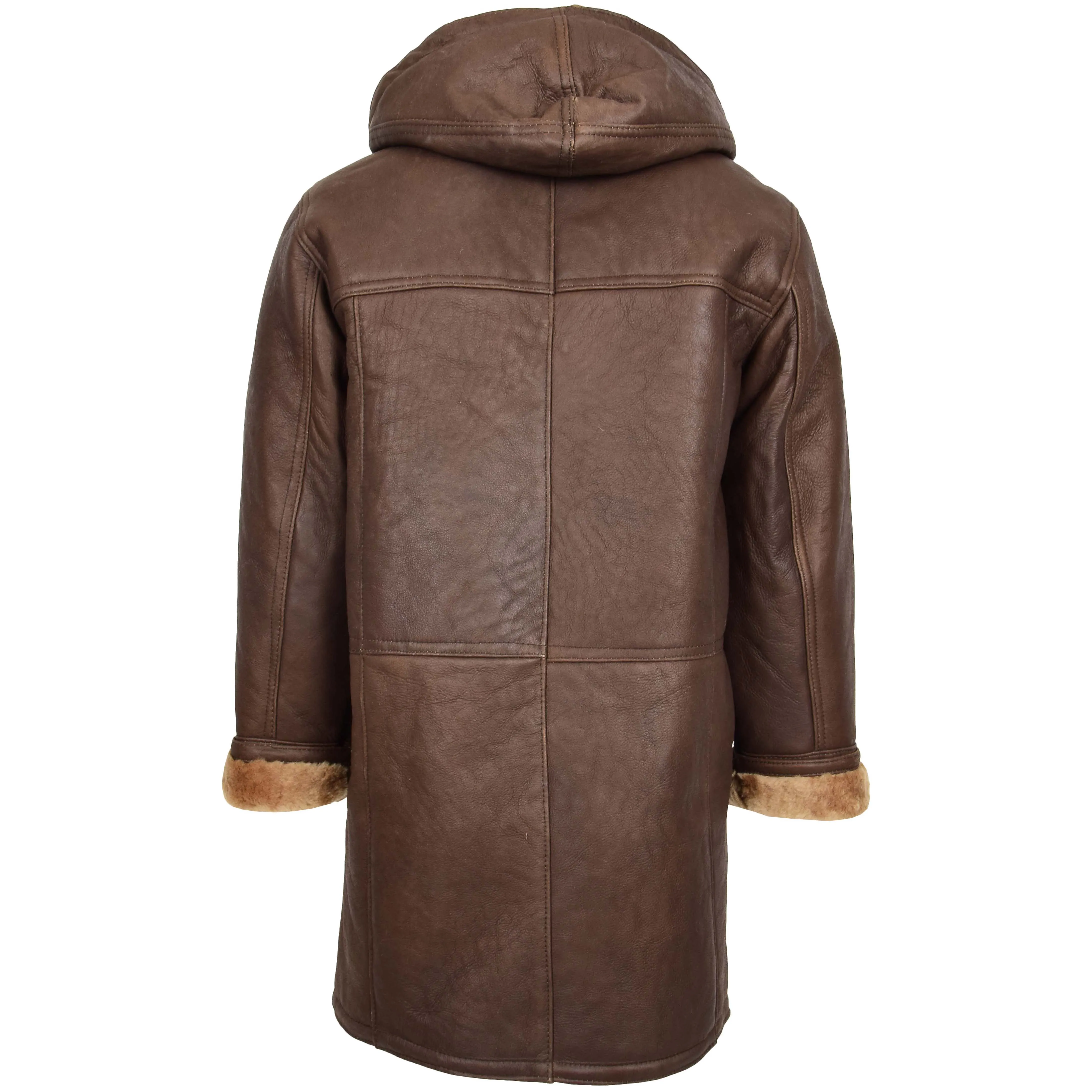 Mens Real Sheepskin Duffle Coat Bain Brown Ginger