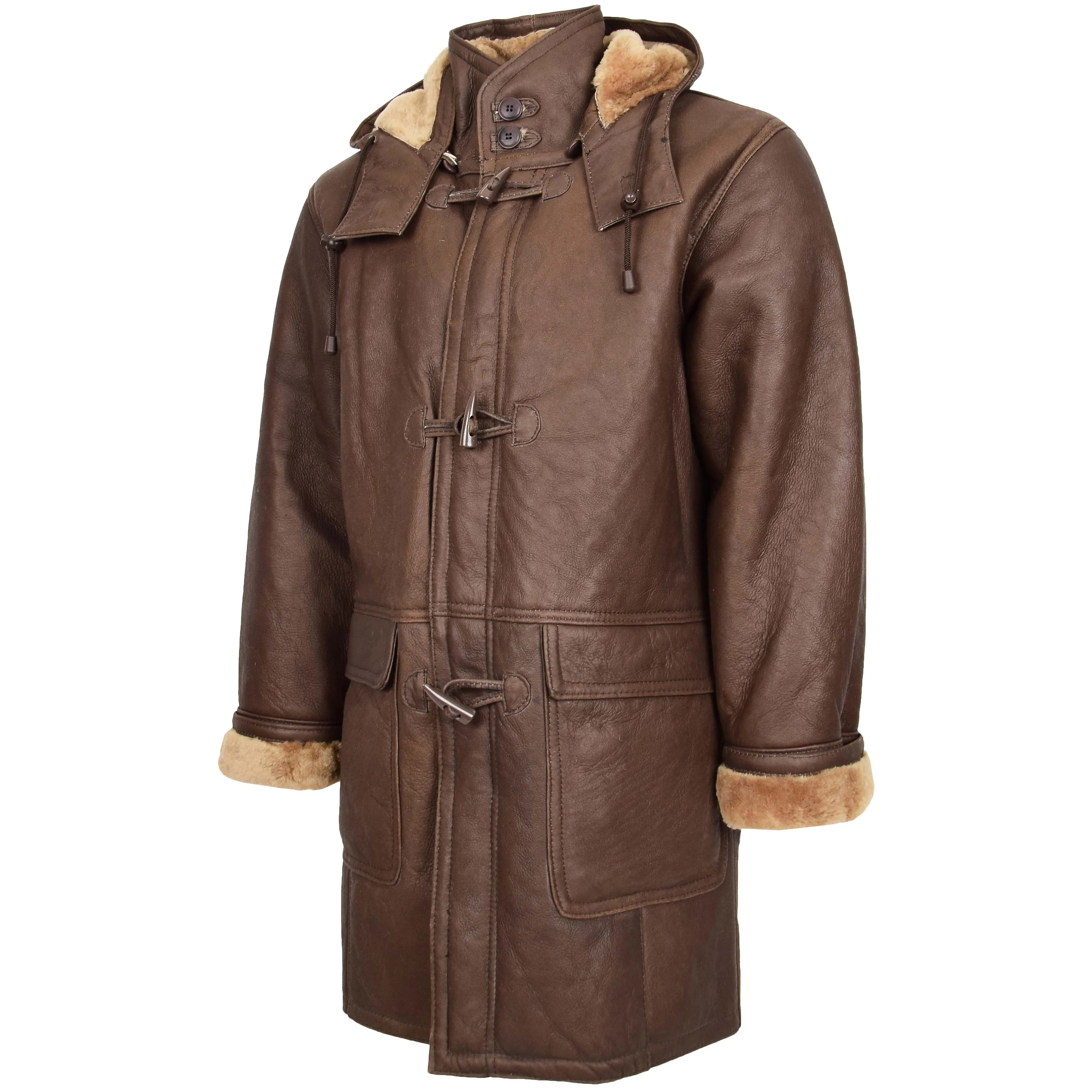 Mens Real Sheepskin Duffle Coat Bain Brown Ginger