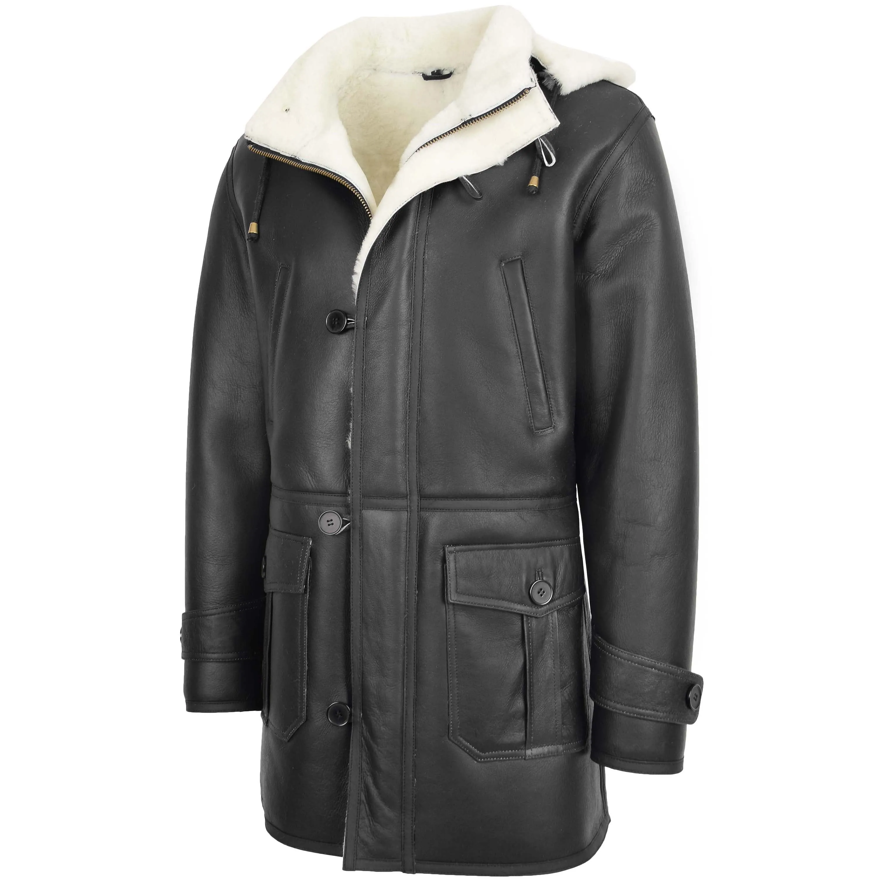 Mens Real Sheepskin Duffle Hooded Coat Vincent Black White