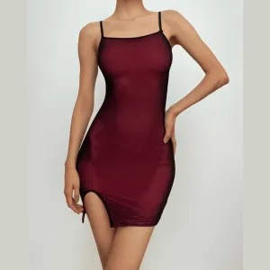 Mesh slit square neck irregular backless cami mini dress