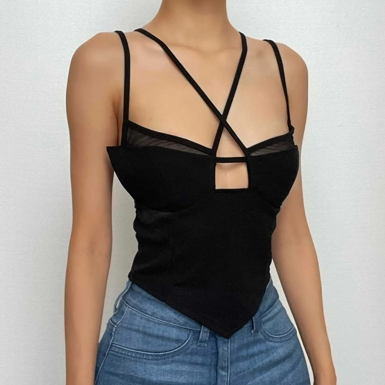 Mesh solid patchwork backless hollow out crop cut out top