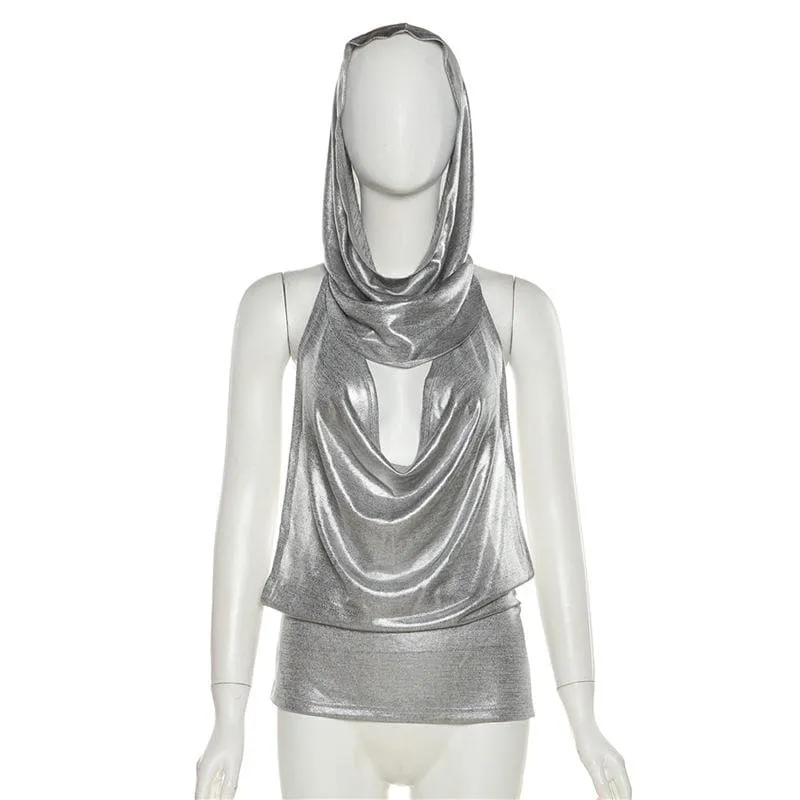 Metallic metal chain cowl neck ruched hoodie backless top