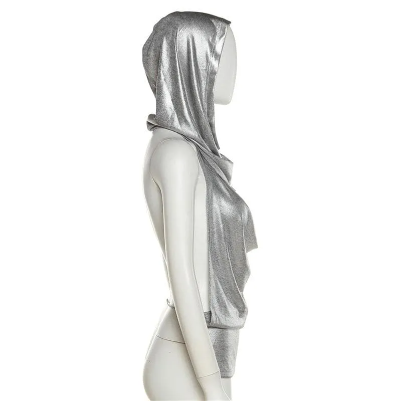 Metallic metal chain cowl neck ruched hoodie backless top