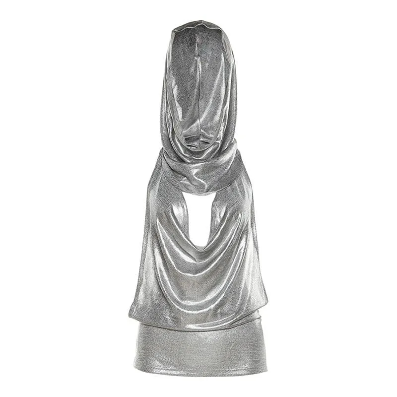 Metallic metal chain cowl neck ruched hoodie backless top