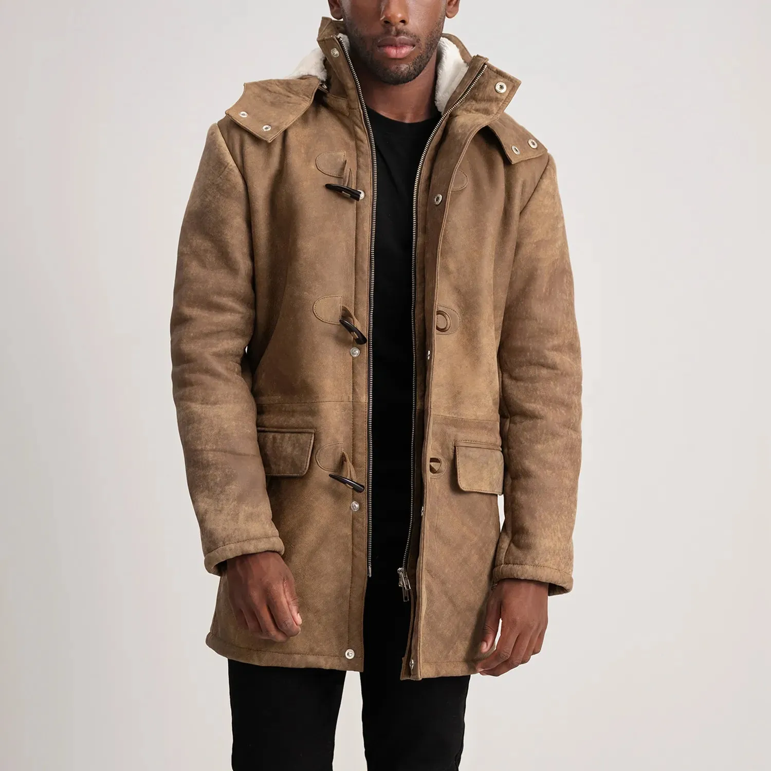 Nolan Distressed Brown Leather Duffle Coat