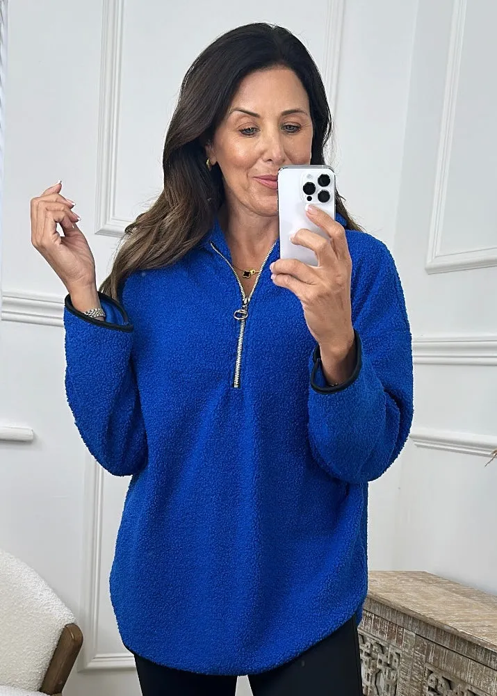 Ruth Royal Blue Teddy Half Zip Pullover