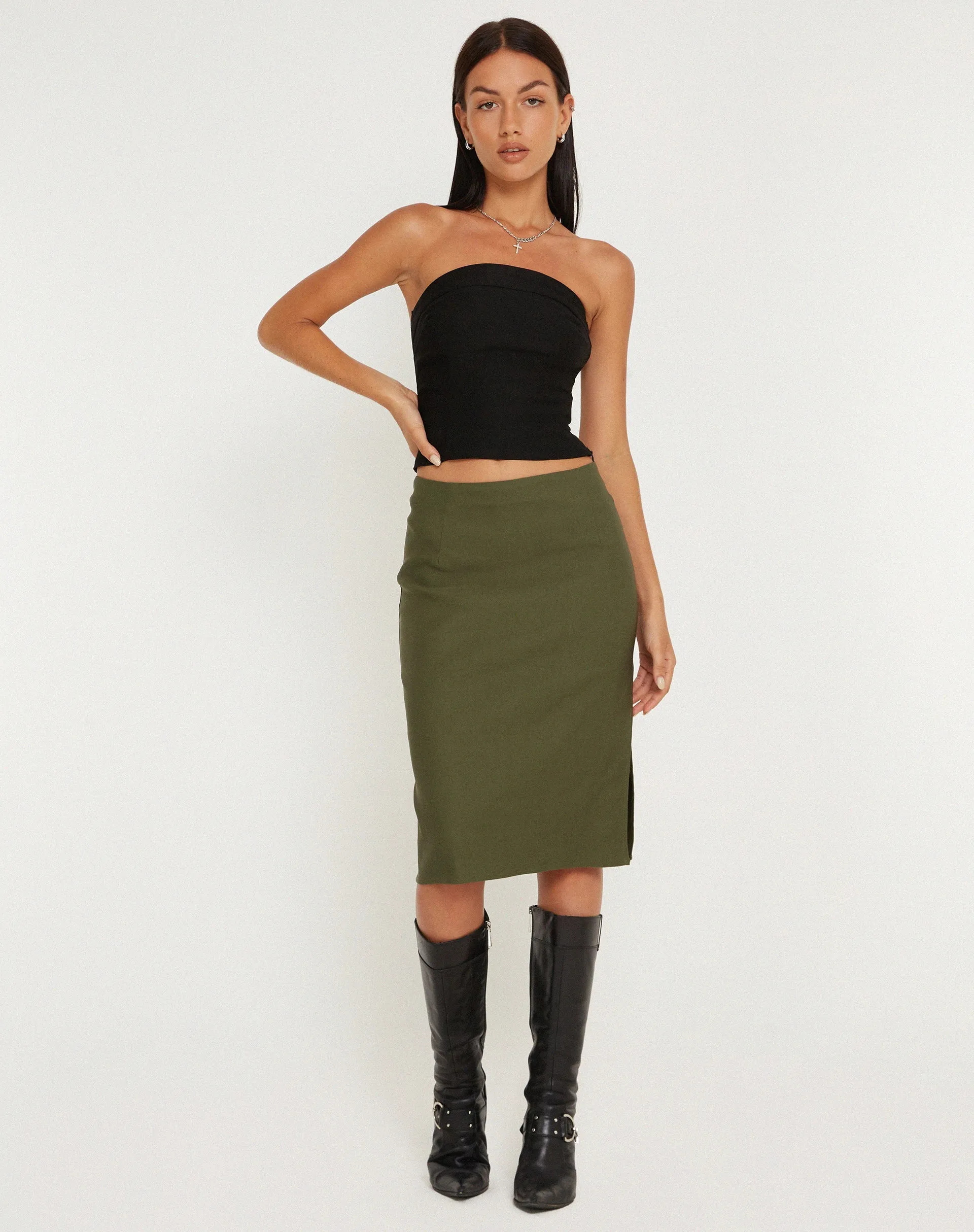 Sekoji Side Slit Midi Skirt in Khaki