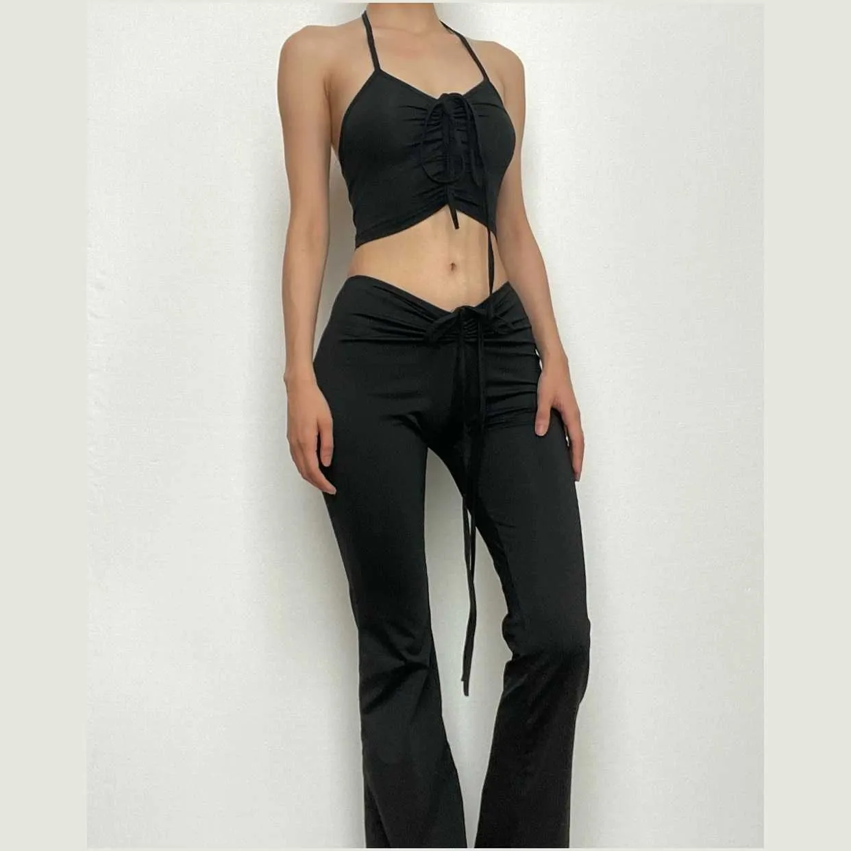 Self tie halter drawstring ruched backless solid flared pant set