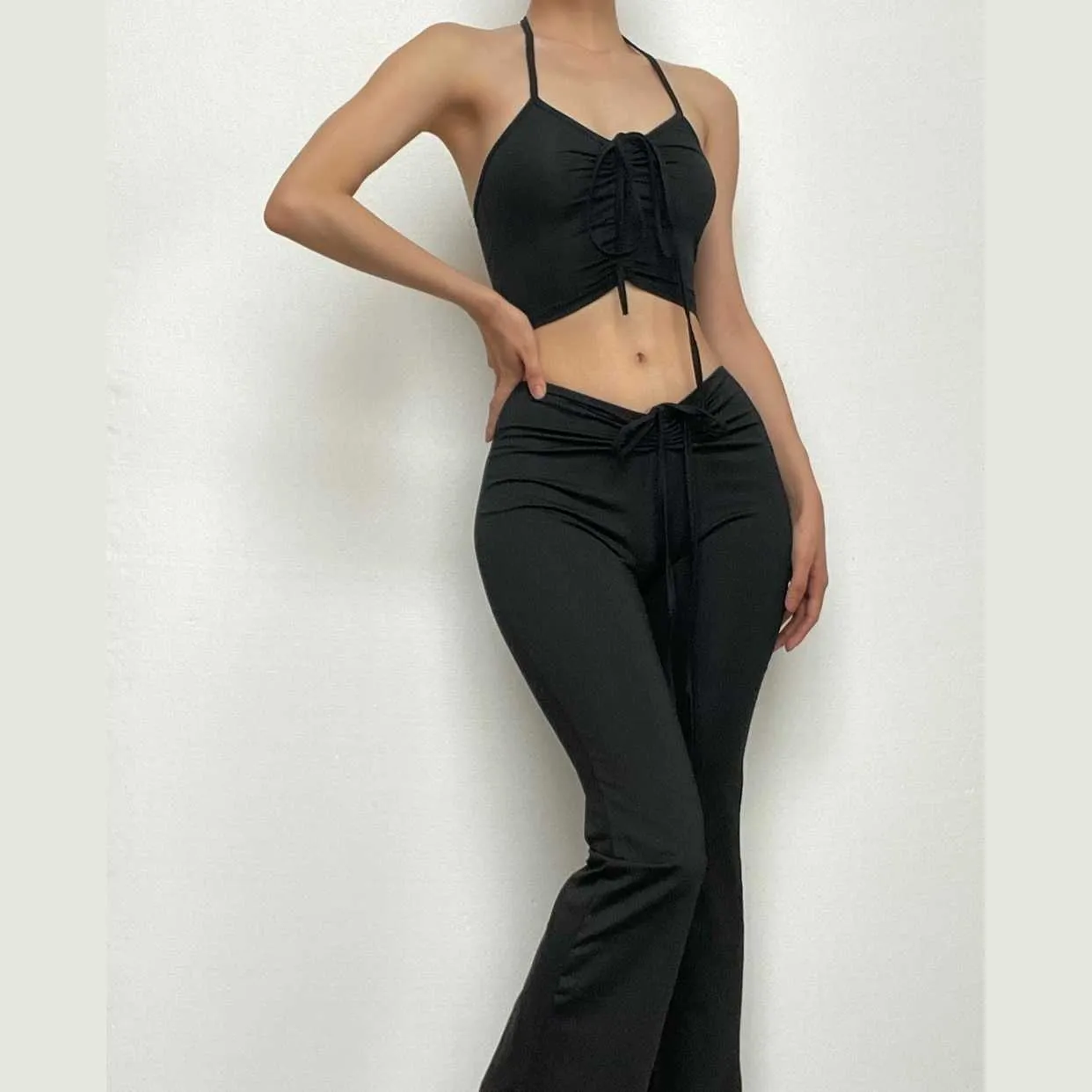 Self tie halter drawstring ruched backless solid flared pant set